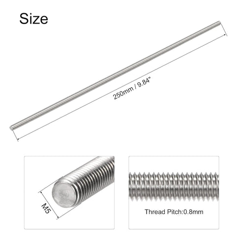 uxcell 4Pcs M5 x 250mm Fully Threaded Rod - 304 Stainless Steel Right Hand Threads