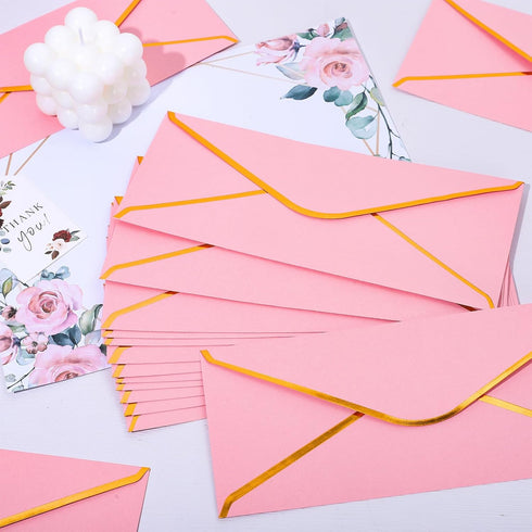 Whaline 50Pcs Pink Business Envelopes with Gold Foil Border, Self-Adhesive Seal for Office, Weddings, Birthdays