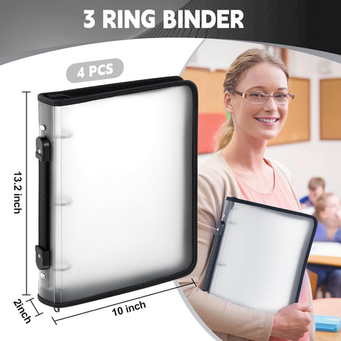 Teling 4 Pcs 2 Inch Zipper Binder with 3 Ring, Refillable Clear Plastic File Organizer for School Work, 13.2 x 10 Inch