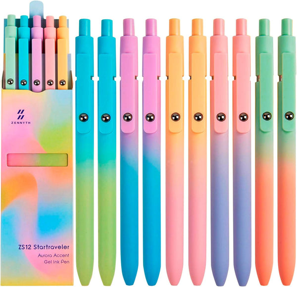 Gel Pens 10 Pcs Black Ink with Comfortable Silicone Grip, 0.7mm Fine Medium Point, Aesthetic Gradient Color