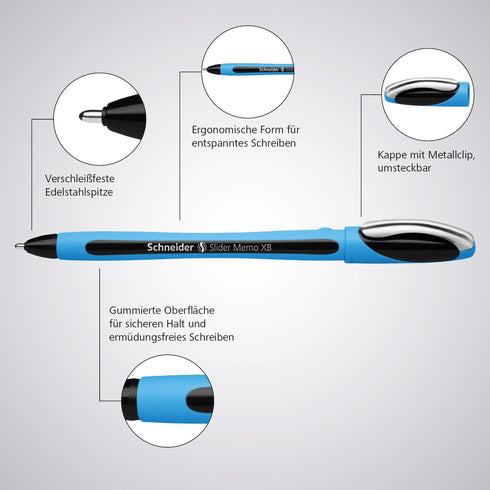 Schneider Slider Memo XB Ballpoint Pen, 1.4 mm, Light Blue Barrel, Pack of 3 Pens: Black, Red, Blue