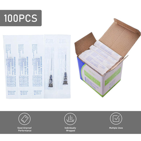 100 Pack 22 Gauge 1 Inch Disposable Luer Lock Lab Needles Supplies