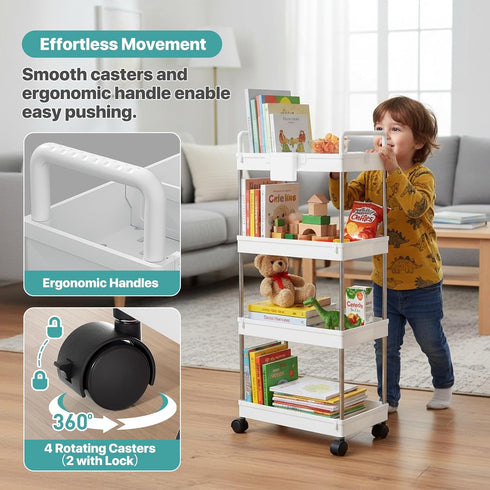 4-Tier Magshion Slim Rolling Cart, Plastic Utility Cart with Wide Plastic Shelves, Storage Cart Easy Assemble