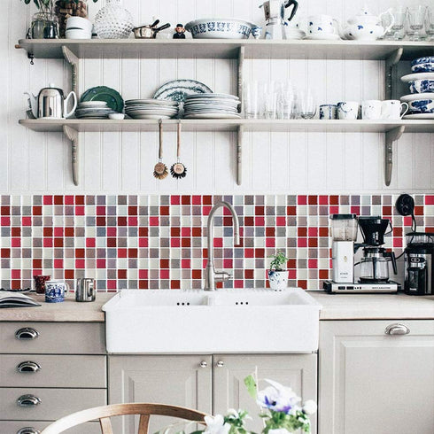 Yoillione 3D Mosaic Tile Sticker, Removable Wallpaper Tile Red, Self Adhesive Wall Tiles for Kitchen Backsplash