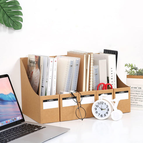Foldable Desk File Holder Organizer - Sturdy Cardboard Magazine Storage Box with Blank Label Stickers for Home School