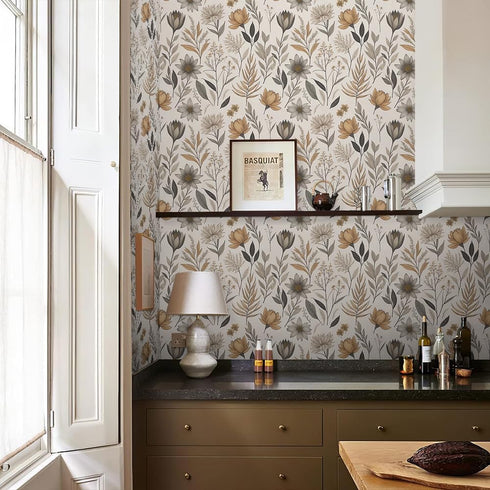 REDAMANCY Vintage Boho Wildflower Yellow Grey Flowers Peel and Stick Wallpaper Stick on Contact Paper Vintage Wall