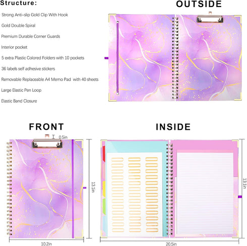 Spiral Clipboard Folio with Refillable Notepad, Cute Clipboard Folder, 5 Dividers with Storage 10 Pockets,Versatile Clipfolio,Hardcover Clipboards Notebook for School Office Planner Clip Board-Purple by SFLHHDM