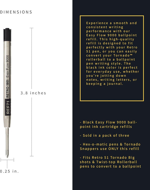 Retro 51 9000 Easy Flow Ballpoint Refills, Black Ink, 3-Pack – German Engineered for Tornado Pens, Smooth Writing