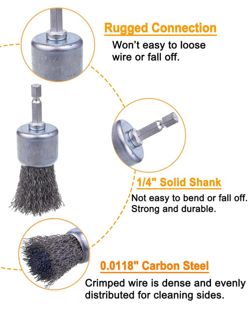 30 Pack 1/4-Inch 3 Rocaris Carbon Steel Wire Wheel Brush with Hex Shank, Pen Brush, for Rust Removal, Corrosion