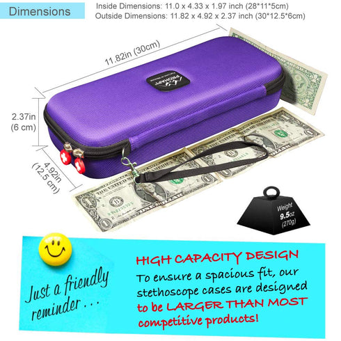 Hard Stethoscope Case with ID Slot, Large Carrying Case Compatible with 3M Littmann/ADC/Omron/MDF (Purple)