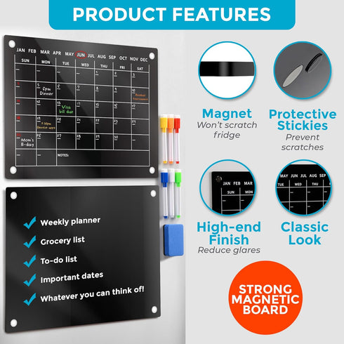 Black Magnetic Acrylic Calendar for Fridge, 2pcs 16"x12", Includes Protective Pads, 6 Magnetic Markers, Magnetic Eraser