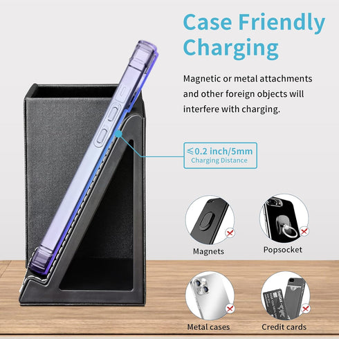 KINGFOM PU Leather Desk Organizer - Wireless Charging Station for iPhone, 10W Charger for iPhone 14/13/Samsung Galaxy,