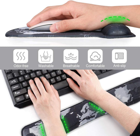 ToLuLu Ergonomic Keyboard Wrist Rest Pad and Mouse Pad Set, Non-Slip Support with Raised Memory Foam, Cool World Map