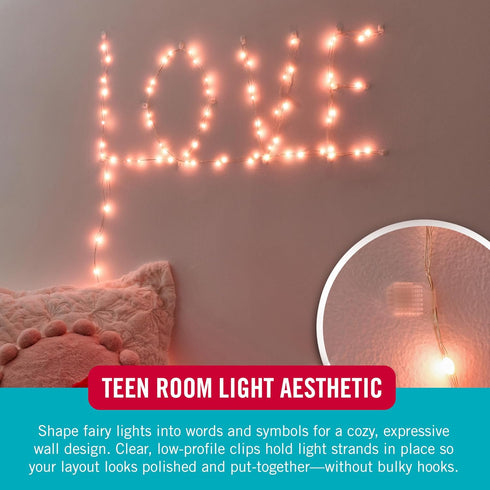 24 Pack VELCRO Brand Indoor Light Clips for Hanging Fairy Lights and Twinkle Lights, Adhesive Transparent Wall Clips