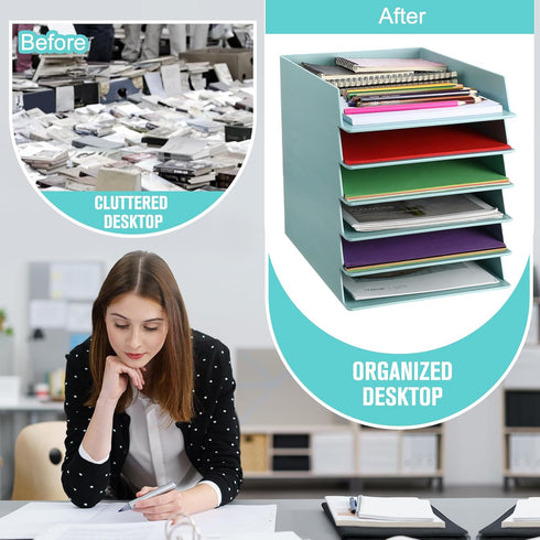 Tatuo 6 Pack Stackable Paper Trays, Plastic Letter Tray Desk Organizer for Classroom, Magazine File Documents, Blue