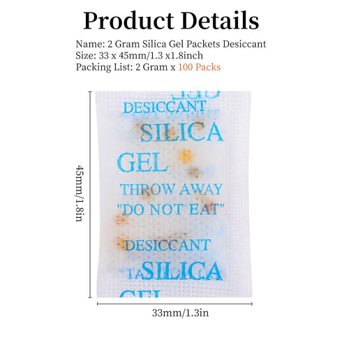 100Pcs 2 Gram Silica Gel Packets, Color Indication Food Grade Desiccant Packs for Storage, Moisture Absorbers for Food Storage, Clothes, Shoes, Jewelry, Spices, Tools, Leather Itemand More