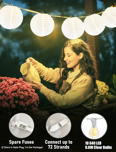27.5FT 10 G40 Bulbs, Lantern String Lights Outdoor, White Lantern String Lights Plug in with Nylon Lanterns and LED