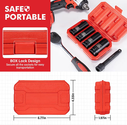 4-Piece 1/2 Inch Set,CR-MO 6-Point 17-19-21-22mm Set Drive Impact Socket Steel Deep Socket,Metric Hexagon Deep Socket