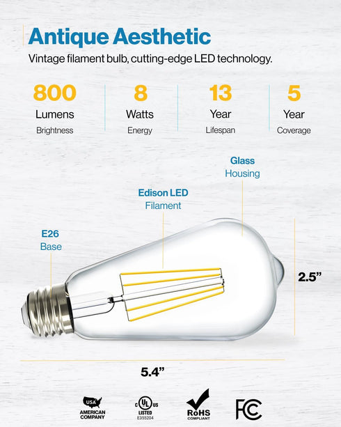 6 Pack Bulbs ST64, Bulb, 800 8.5W (60W 4000K E26 Dimmable Sunco Edison LED Clear Vintage Filament Waterproof LM