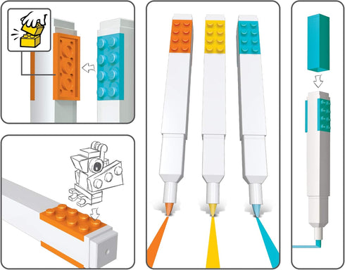 IQ LEGO Stationery 3 Pack - Highlighter Markers with 4x2 Building Bricks in Yellow, Orange, Blue