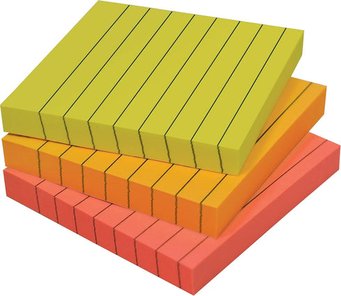 Better Office Products Lined Sticky Notes 3 x 3, 3 Pack, 300 Sheets (100/Pad), Bright Assorted Colors, Strong Adhesive