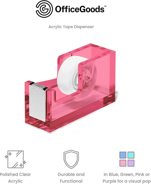 OfficeGoods Modern Acrylic Tape Dispenser - Non-Slip Rubber Holder, Perfect for Home, School, or Office Desk (Pink)
