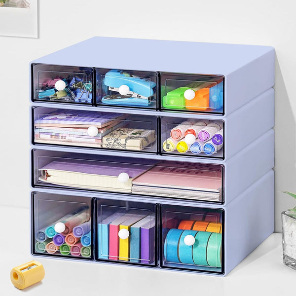 Desk Organizer with 9 Drawers - 4 Tier Plastic Stackable Storage for Office, Makeup Organizer (Purple)
