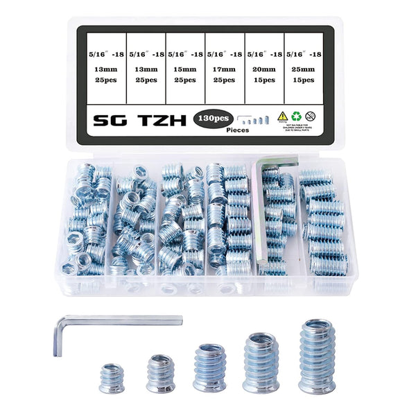 130Pcs Threaded Inserts for Wood Nutsert Screw, Assortment Set with Hex Spanner, 5/16"-18