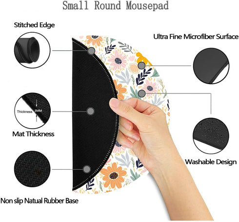 Round Gaming Mouse Pad, Non-Slip Rubber Base Mat with Stitched Edge 7.9 x 7.9 Inch, Adorable Flower