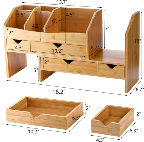 Lawei Bamboo Desk Organizer with Adjustable File Holder, Mini Desk Drawer Tabletop Organization Box with 4 Drawers for