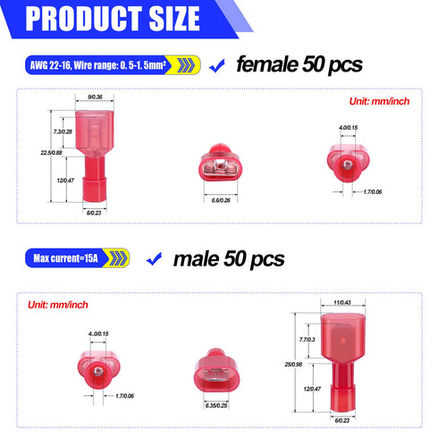 Twidec/100PCS Nylon Spade Connectors Kit 22-18 Gauge Quick Disconnect Fully Insulated Male and Female Wire Spade Terminal Assortment Kit Red N-025-R