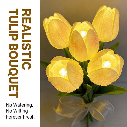 (5*White Radiant Romantic Tulip Light with Vase, LED Tulips Night Lamp, LED Artificial Flowers Ambient Night Lamp