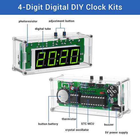 4-Digit MiOYOOW DIY Digital Clock Kit with Acrylic Shell, Electronics Alarm Clock Soldering Practice Kit