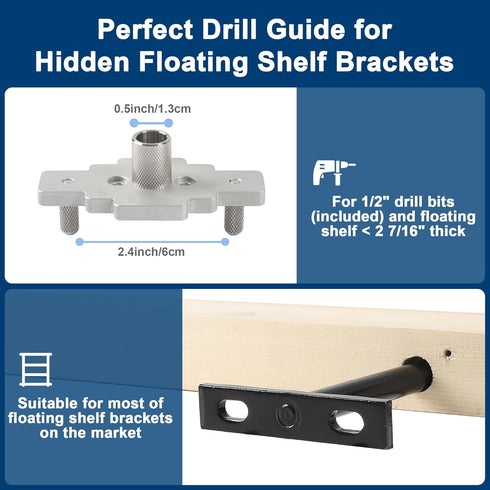 Floating Shelf Bracket Dowel Jig Kit with 1/2" x 9" Drill Bit, Self Centering Drill Guide for Floating Shelf