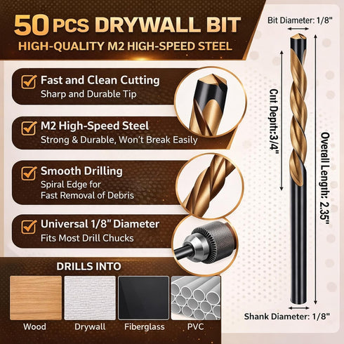 50 1/8" Tondiamo Pcs Drywall Rotor Tips Drywall Router Drill Bits HSS Guidepoint Cutting Rotor Tips Cutout Tool for Use