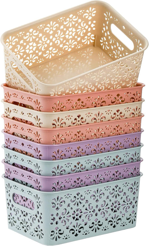 Frcctre 8 Pack Plastic Storage Baskets with Handle, Stackable Organize Bins for Home, Office, Bathroom, School (Flower
