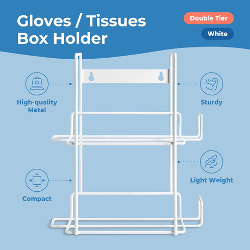 FMP Brands Double Glove Holder for Wall Mount, Wire Rack Disposable Napkin Gloves Box Holder, White Durable Metal Organizer Glove Dispenser for Food Service, Lab, Office, Home, and Garage