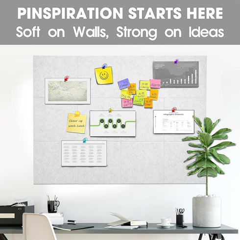 Large Felt Wall Tiles Cork Board, 47"x35", 12 Pack with 48 Adhesive Tabs, 60 Push Pins, Light Grey Alternative for Home