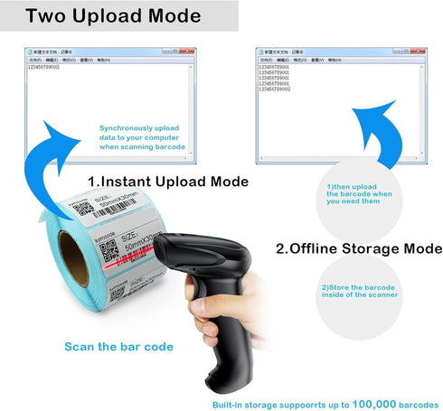 Symcode Bluetooth Barcode Scanner, Handheld USB CCD Cordless Reader with 2.4G Wireless & Bluetooth Function, Compatible