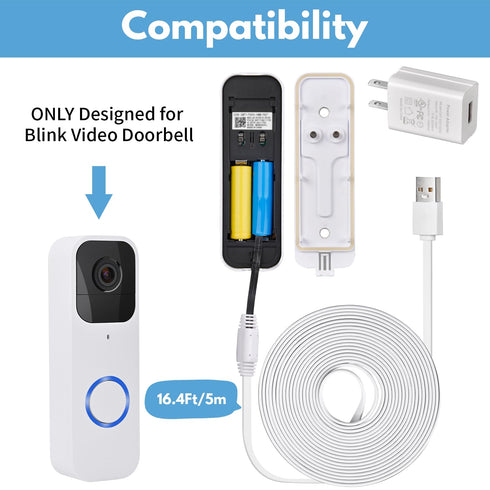 ALERTCAM Power Adapter for Blink Video Doorbell (Replace Battery), Doorbell Transformer with 16.4ft/5m Weatherproof Cable Continuously Charging Your Video Doorbell-White