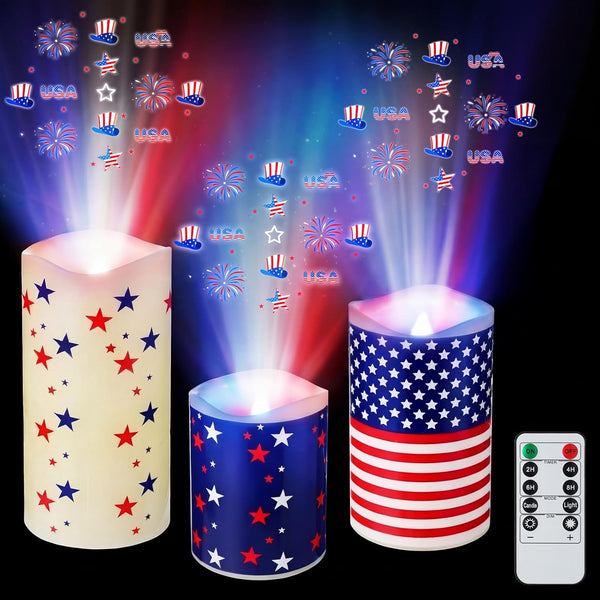 Baquler 3 Pcs Independence Day Flameless Projector Candle with Remote Timer -