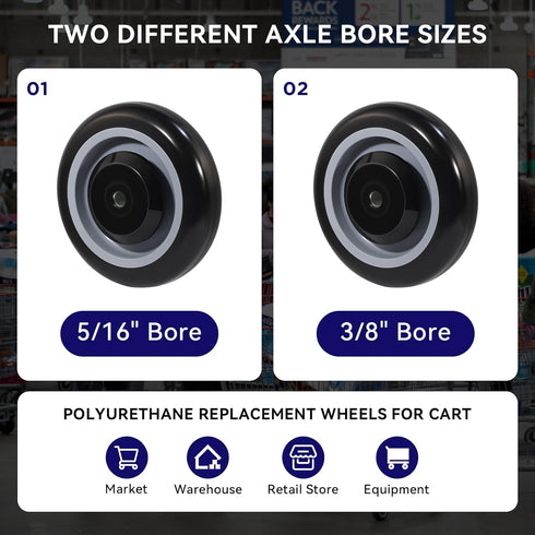 5" Set 4, 3/8" Shopping Cart Wheel Replacement Kit, Polyurethane Casters of Axle Diameter Wheels for Supermarket
