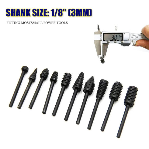 Rasp Wood Carving Bits for Woodworking 1/8 Shank Mini Rotary Burr Rasp Set Power Carving Bit Tools for Wood Carving-10 pcs
