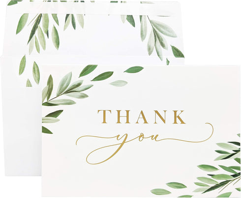 Gooji 4x6 Greenery Leaves Gold Foil Thank You Cards (Bulk 20-Pack) Matching