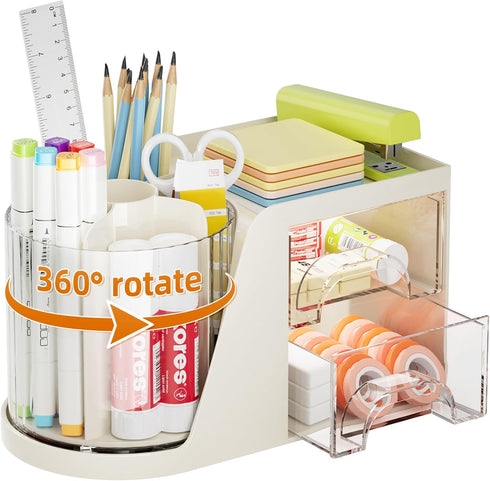Marbrasse Desk Organizer with 2 Drawers, 360° Rotating Pen Holder, 6 Slots Pencil Organizer for Office (Beige)
