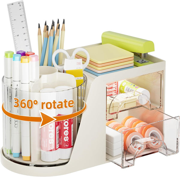 Marbrasse Desk Organizer with 2 Drawers, 360° Rotating Pen Holder, 6 Slots Pencil Organizer for Office (Beige)