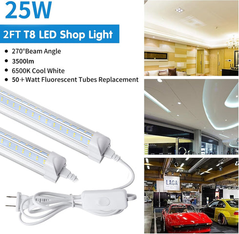 AQIQUUT 2ft, Light,25W 6500K 3200LM Cover,T8 Warehouse(2-Pack) Led Shop Light Led Shop Clear LED Light Fixture,Ceiling
