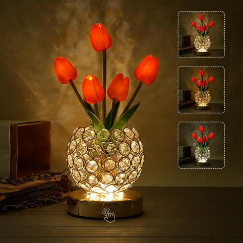 Tulip Crystal Flower Lamp Touch Lamp,Rechargeable Cordless Table Lamp, 3-Colour Infinitely Dimming