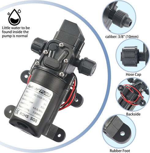VerRich 12V Diaphragm Pump, 70W 6A Intelligent Self Priming Sprayer Pump, 6 L/Min 0.9MPA 131 PSI for RV, Camper,