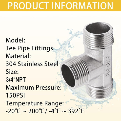 Tee Pipe Fittings 304 Stainless Steel Tee, 3/4" x 3/4" x 3/4" Male NPT Thread Adapter, 1 Pack